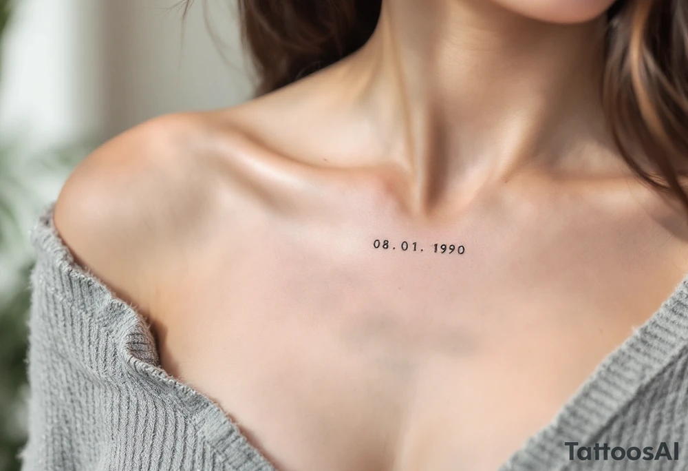 Handwritten-style 08.01.1990 on the collarbone in soft gray with a pale pink underline. tattoo idea