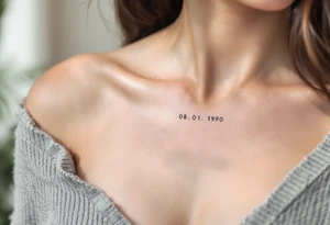Handwritten-style 08.01.1990 on the collarbone in soft gray with a pale pink underline. tattoo idea