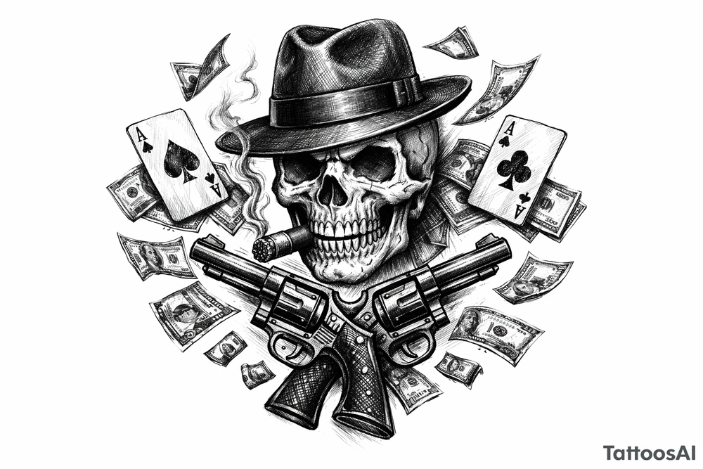 Skull in fedora, cigar, crossed revolvers, flying cards, falling money. tattoo idea