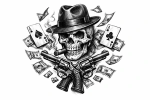Skull in fedora, cigar, crossed revolvers, flying cards, falling money. tattoo idea