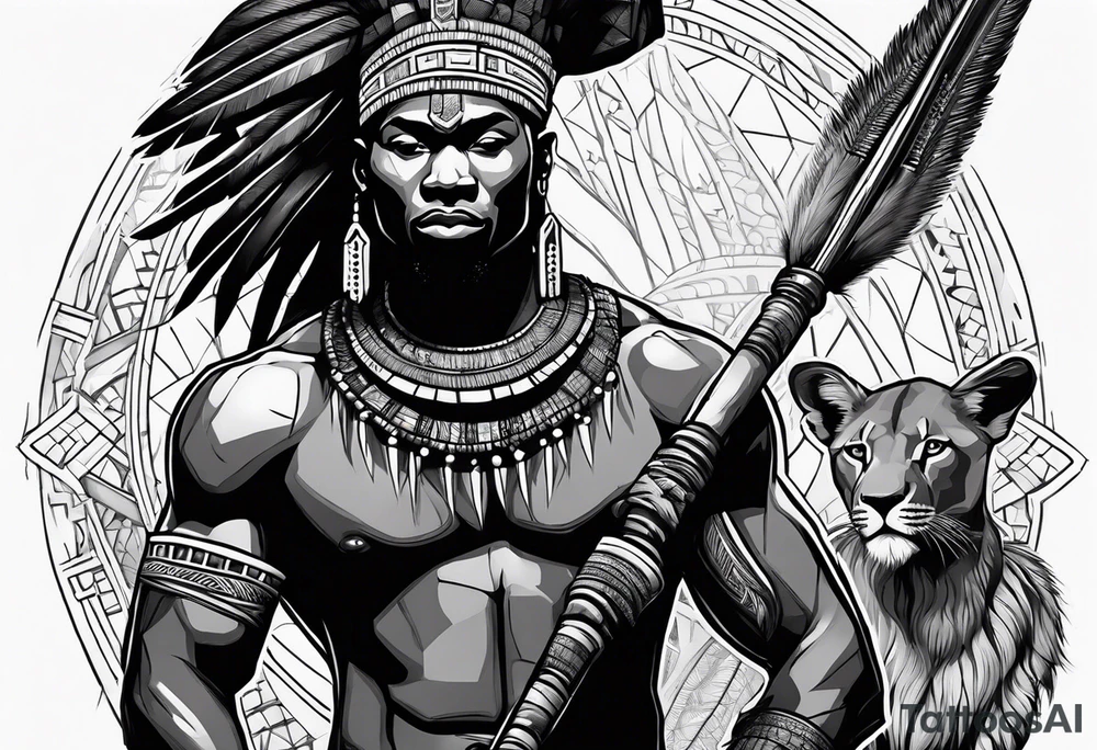 African warrior with tribe scars holding a spear with animals in the background tattoo idea