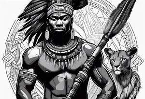 African warrior with tribe scars holding a spear with animals in the background tattoo idea