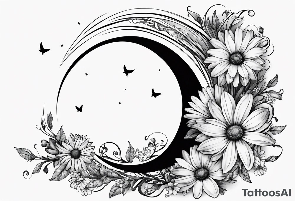 Crescent moon shrouded by beautiful daisies tattoo idea