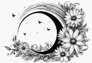 Crescent moon shrouded by beautiful daisies tattoo idea