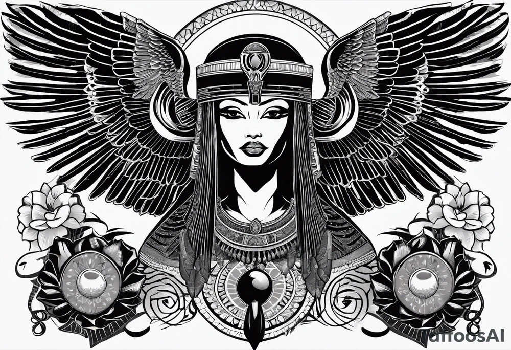 black and white Egyptian goddess Isis, who is often depicted as a woman with outstretched wings, holding an ankh (a symbol of life) in one hand and a lotus flower in the other. Her headdress often includes a throne or a solar disk. The tattoo design can vary in style and size, but it typically aims to capture the essence of this revered Egyptian deity, emphasizing her beauty, power, and maternal qualities. The choice of colors and additional elements can also be customized to create a unique and visually striking representation of the goddess Isis tattoo idea