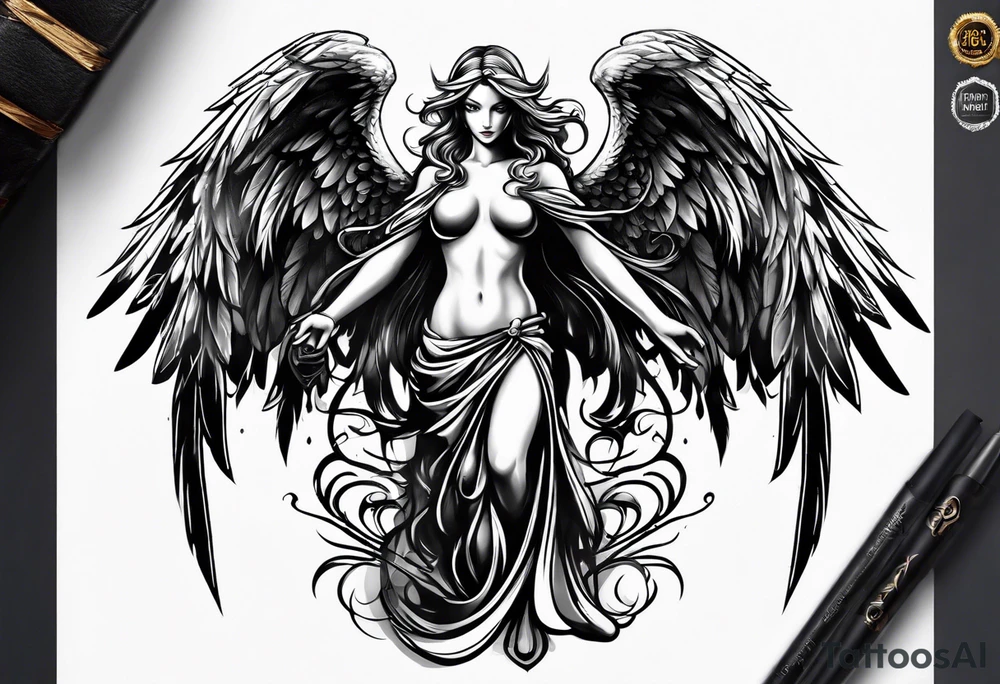 angel in black standing tattoo idea