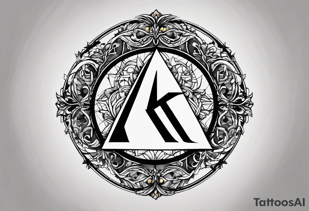 Simplistic symbol large delta inside a circle. Circle is made from chain. Shade of a letter K in a background. tattoo idea