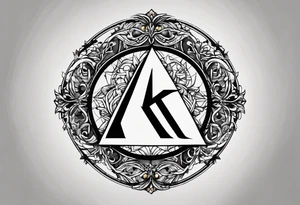 Simplistic symbol large delta inside a circle. Circle is made from chain. Shade of a letter K in a background. tattoo idea