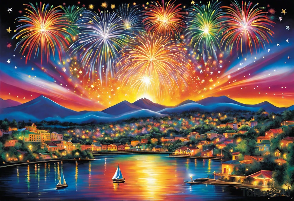Fireworks burst across the night sky, surrounded by glowing candles and stars, capturing the magic and nostalgia of Colombian December nights. The scene is vibrant with multi-colored lights and an air of celebration. Soft linework mist or halos around the fireworks adds a magical, dreamy quality to the scene. The tattoo reflects joy and tradition, with an emphasis on warmth and festivity. tattoo idea