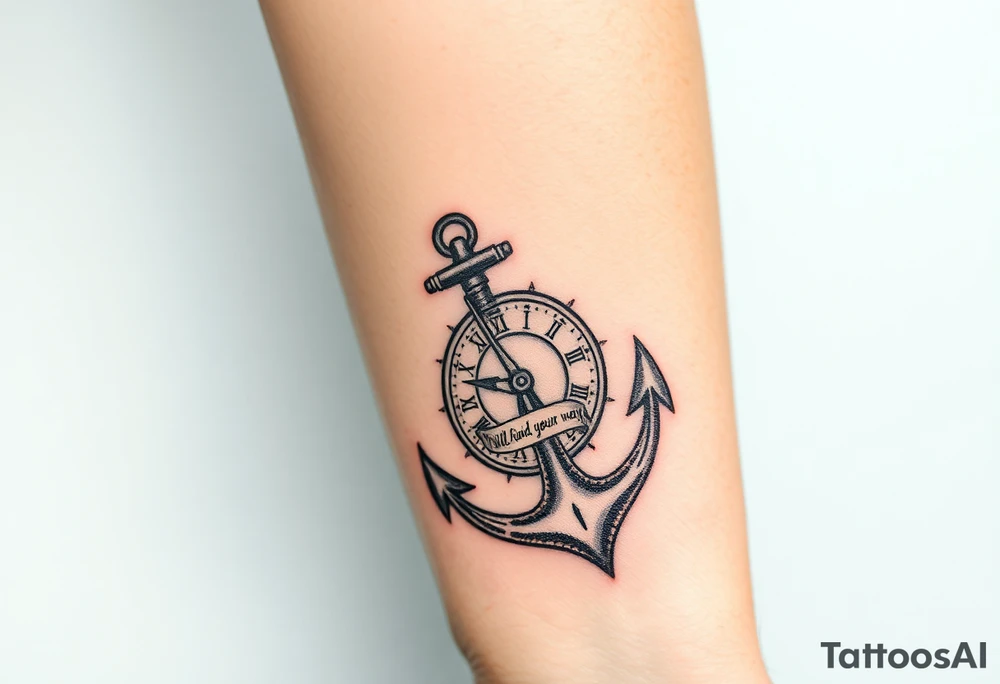 Inner forearm coverup.  Anchor leaned up against a broken clock that up against a compass with its gears around them a slash around the anchor that says i will find my way. tattoo idea