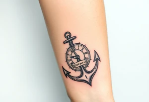 Inner forearm coverup.  Anchor leaned up against a broken clock that up against a compass with its gears around them a slash around the anchor that says i will find my way. tattoo idea