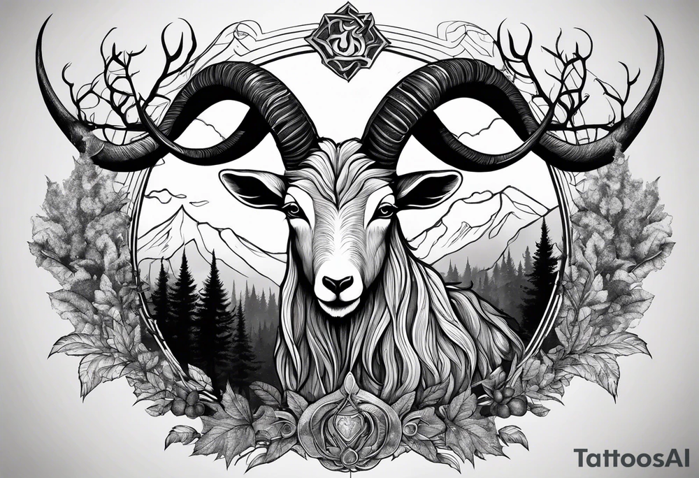 Evil Satanic goat with horns  (full body) in a forest tattoo idea