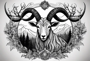 Evil Satanic goat with horns  (full body) in a forest tattoo idea