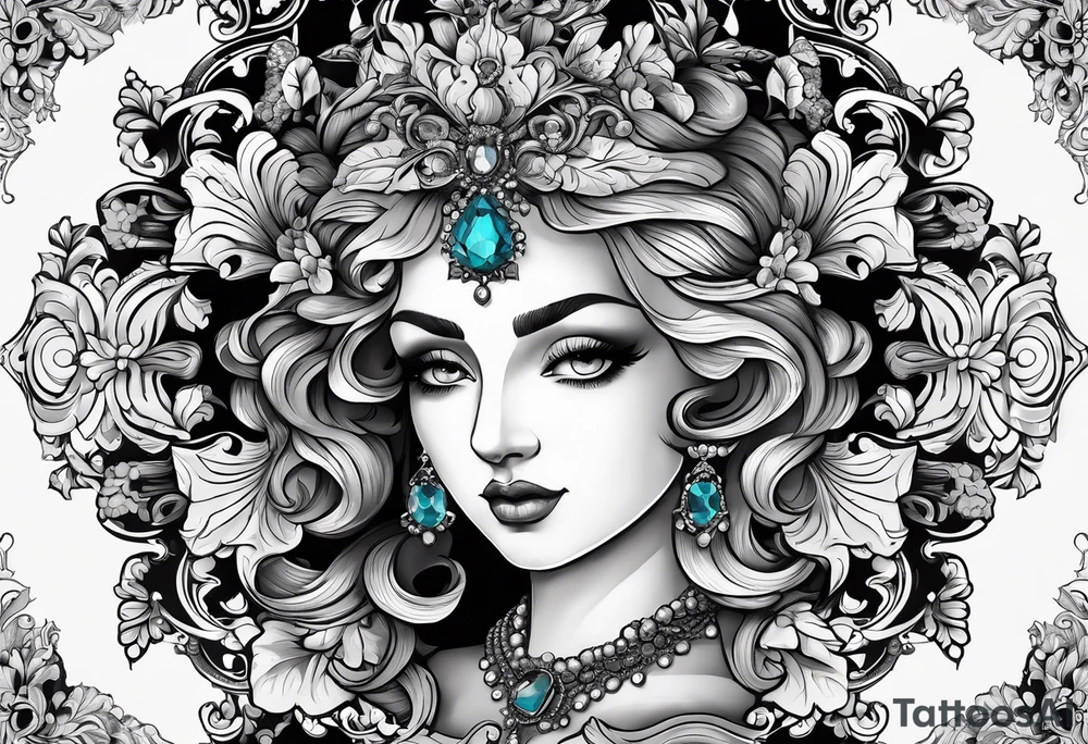 baroque vector on my neck going down & across my shoulders with a gem in the middle of my neck tattoo idea