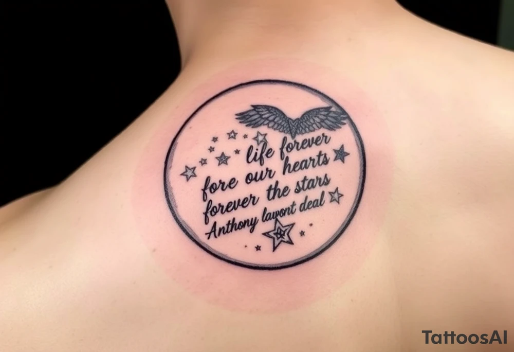 Big half moon with writing inside saying Forever in our hearts forever in the stars 
RIP 
ANTHONY LAMONT DEAL tattoo idea
