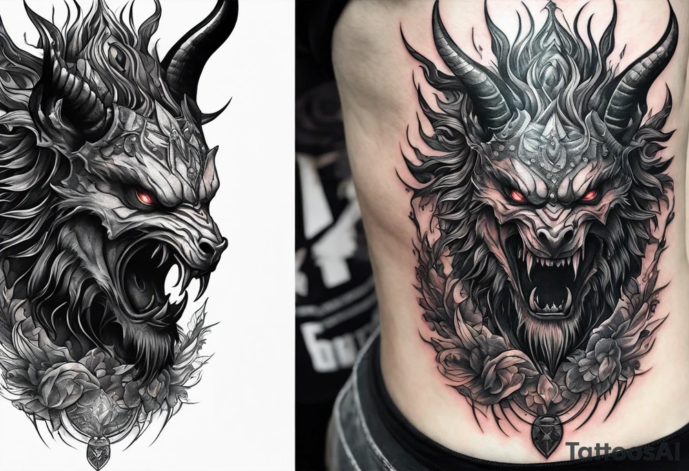 Demonic creature with decapitated head In hand tattoo idea