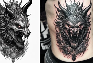 Demonic creature with decapitated head In hand tattoo idea