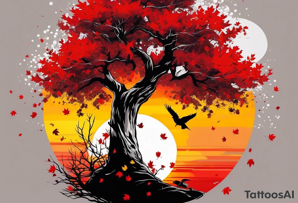 trash polka style. Arm tattoo. chest tattoo. Long tattoo. large tattoo. Full sleeve. Shoulder. A single large maple tree with red autumn leaves that branches upwards from wrist to shoulder. White-throated dipper bird on the trees branches. Calluna flowers at the base of the trees stem. Red/yellow sunset behind the trees stem. Leaves falling. tattoo idea