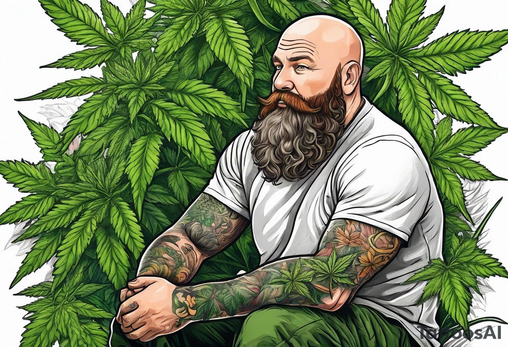 very big bald irish guy with beard and sitting on a cannabis plant tattoo idea