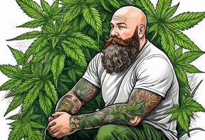 very big bald irish guy with beard and sitting on a cannabis plant tattoo idea