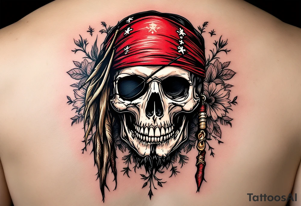 A detailed pirate skull wearing a red bandana and an eye patch, with a rugged expression. The skull is surrounded by intricate floral motifs, with a distressed, aged look that reflects Jack Sparrow's adventurous life.Bold red for the bandana, ivory white for the skull, dark brown and black for the details, and subtle green vines. tattoo idea