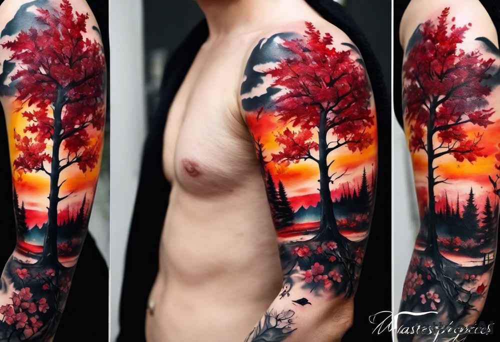 trash polka style. Arm tattoo. Long tattoo. Full sleeve. Shoulder. A single large maple tree with red autumn leaves that branches upwards from wrist to shoulder. White-throated dipper bird on the trees branches. Calluna flowers at the base of the trees stem. Tree stem has dark colors. Red/yellow sunset behind the trees stem. Leaves falling. tattoo idea