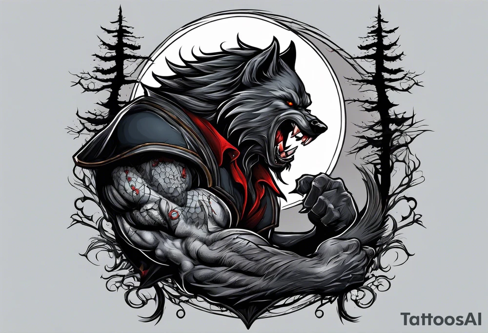 Muscular werewolf fighting a vampire under the moon tattoo idea