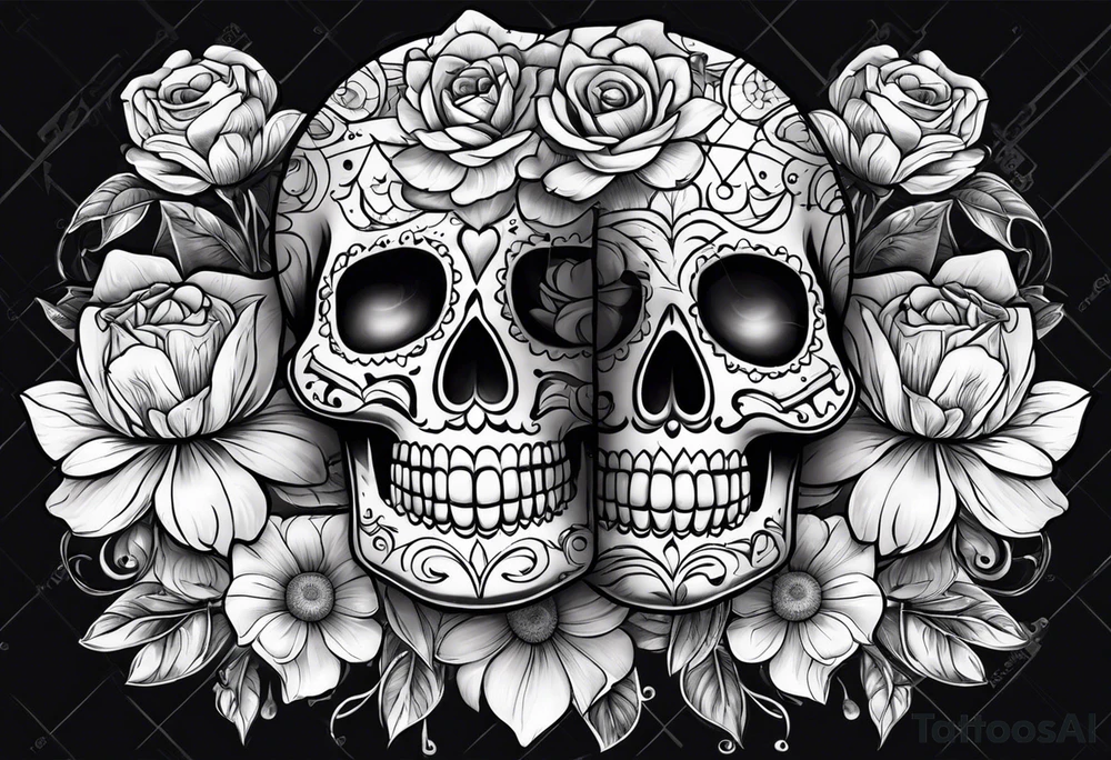 Sugar skull with roses daisies and water lilies for half sleeve down arm tattoo idea