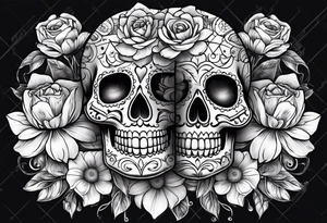 Sugar skull with roses daisies and water lilies for half sleeve down arm tattoo idea