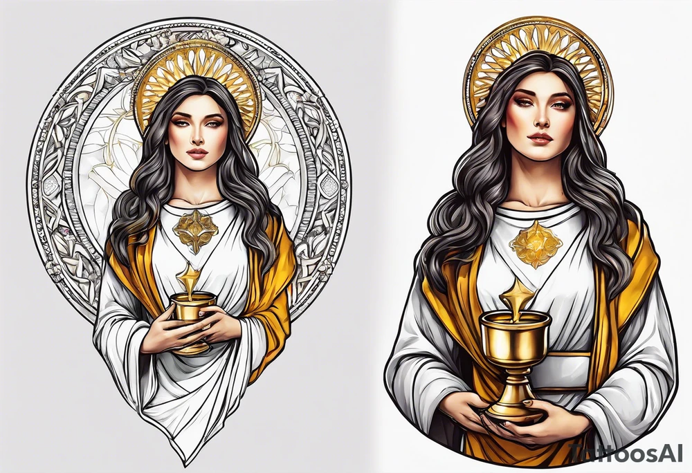 holy saint woman with golden halo holding a chalice tattoo idea
