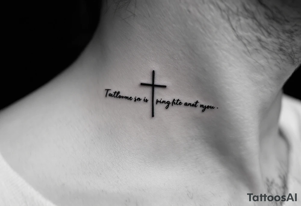 Scripted Cross with Quote – A thin black cross on the neck with an inspiring quote in elegant script etched below or around it, perhaps in soft gray tones. tattoo idea