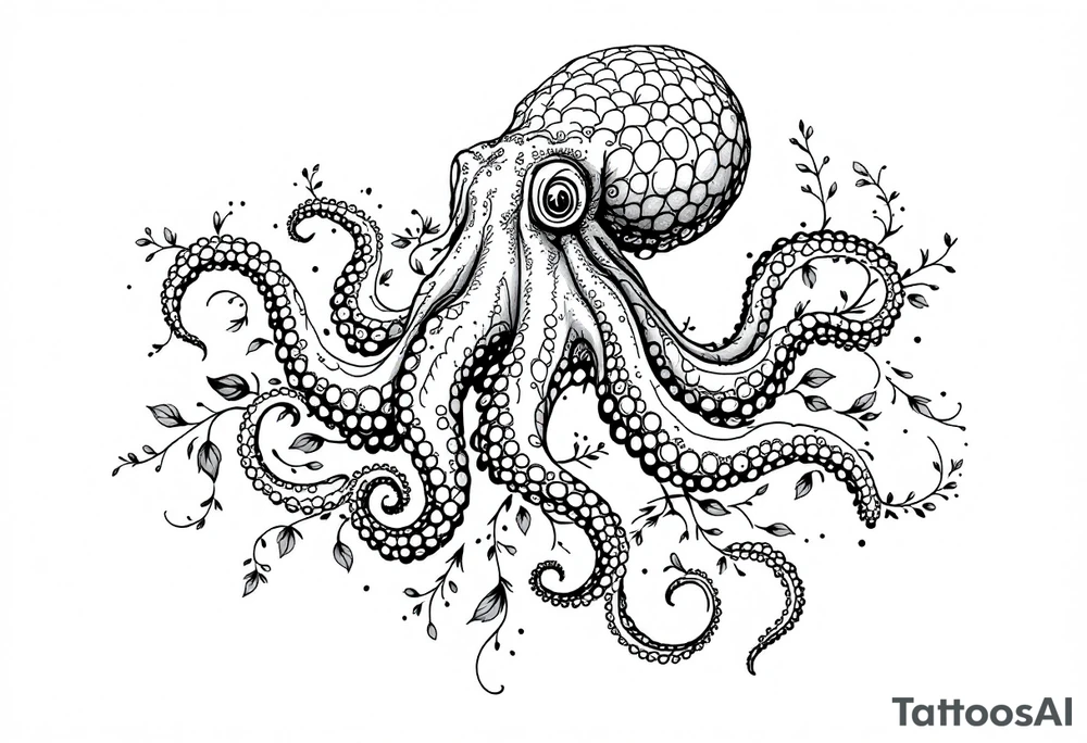 realistic octopus, detailed linework, intricate, black-and-grey shading, surrounded by floral ornaments, intertwining tentacles, thin black swirling lines, semi-transparent brown leaves, dotwork, ornamental flourishes, radiating design, fine-line style, minimalistic, organic flow, feminine, artistic, slightly surreal, seamless composition, marine botanical fusion, lifelike texture, graceful rhythm, natural growth integration, body-following design, smooth shading, soft leaves wrapping, blooming shoulder flower, outward radiating pattern, vine tentacle flow, integrated sea creature, botanical octopus curved body placement, natural organic movement tattoo idea