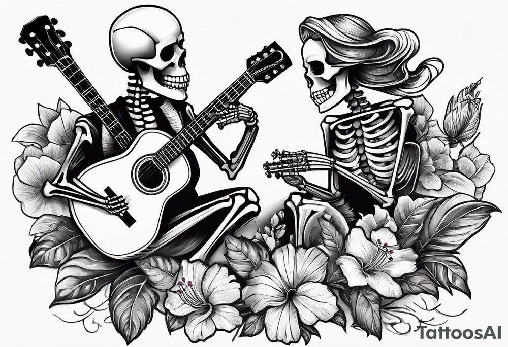 a male and a female skeleton. The male skeleton is playing the guitar. The female skeleton has a hibiscus flower. tattoo idea