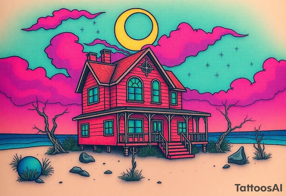 Tim Burton’s haunted pastel beach home is abandoned and dripping with muted reds, dusty pinks, and eerie green glow.purple and cyan smokey clouds swirl in the crescent moonlit sky thats sprinkled with stars tattoo idea tattoo idea