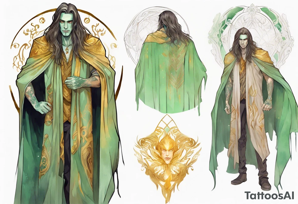 A tall beautiful man with pale green skin  with long hair of gold and silver with amber eyes wearing a gold cloak tattoo idea