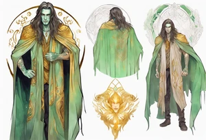 A tall beautiful man with pale green skin  with long hair of gold and silver with amber eyes wearing a gold cloak tattoo idea
