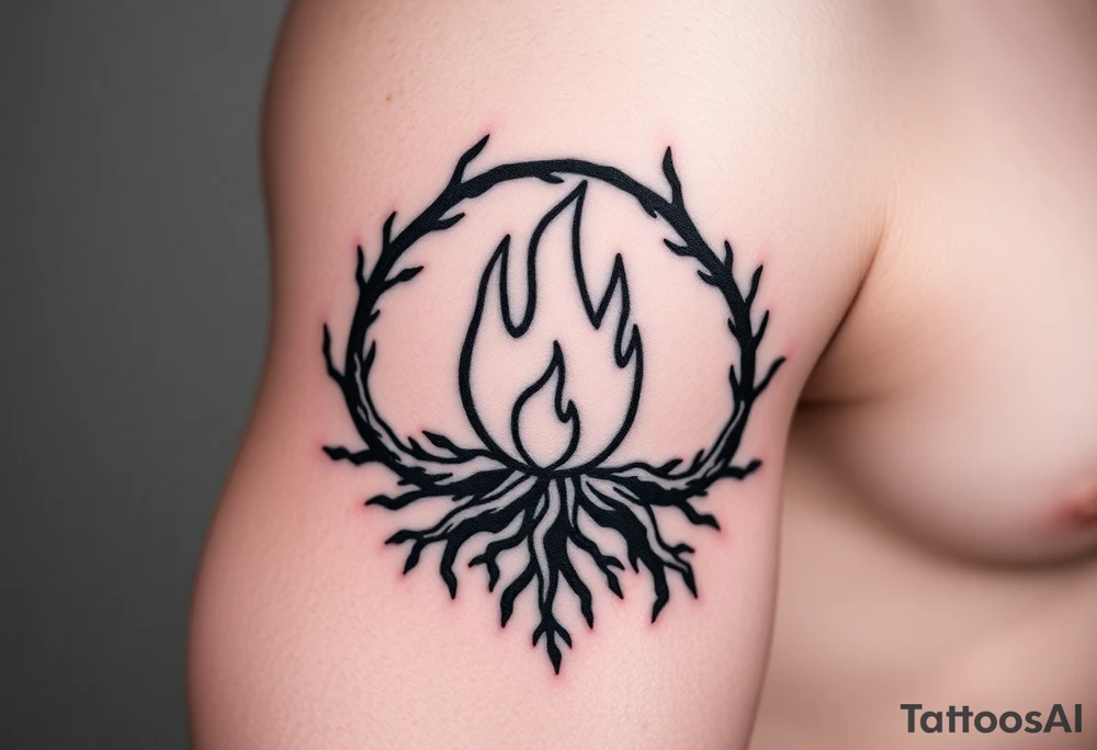 a round flame imprisoned in a roots circle tattoo idea