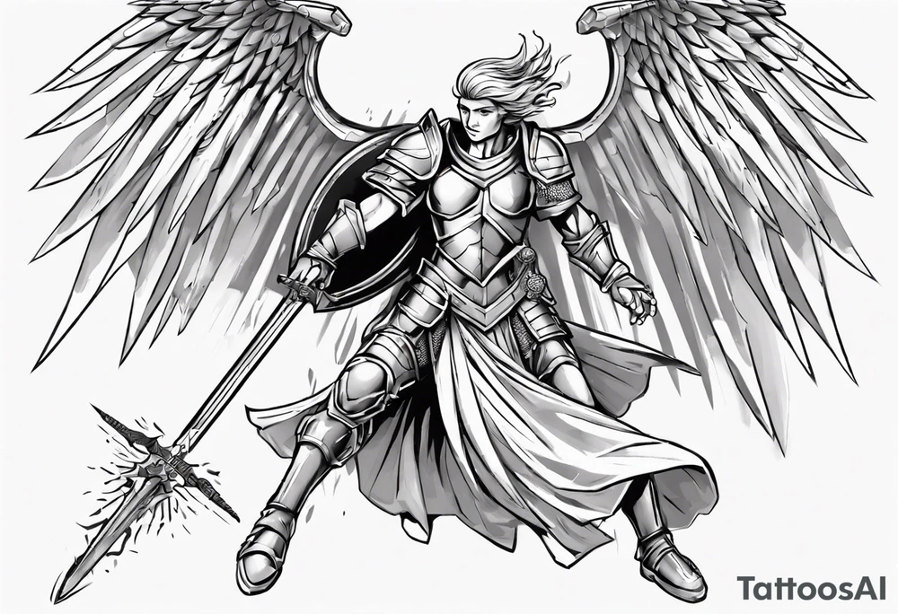 A winged angel wearing armor that is in mid-air with his two-handed sword about to attack in isometric view. tattoo idea