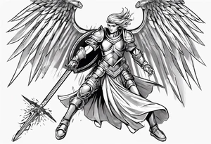 A winged angel wearing armor that is in mid-air with his two-handed sword about to attack in isometric view. tattoo idea