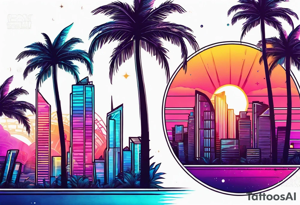 synthwave sun tattoo with palm trees and skyscrapers tattoo idea