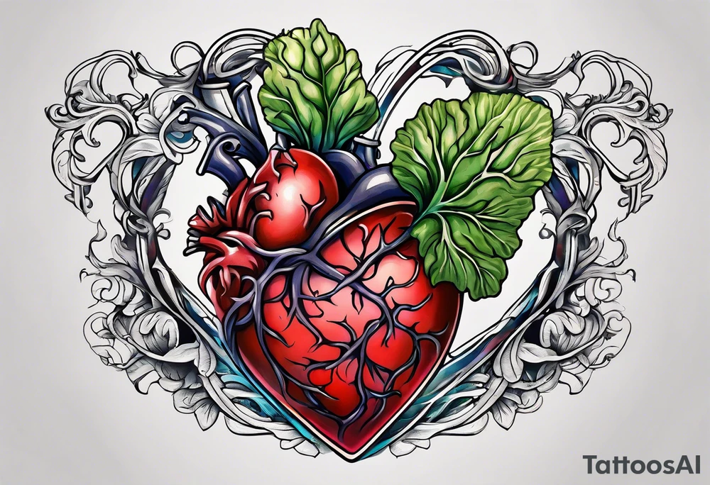 Manly Human heart intertwined with cabbage leaved tattoo idea