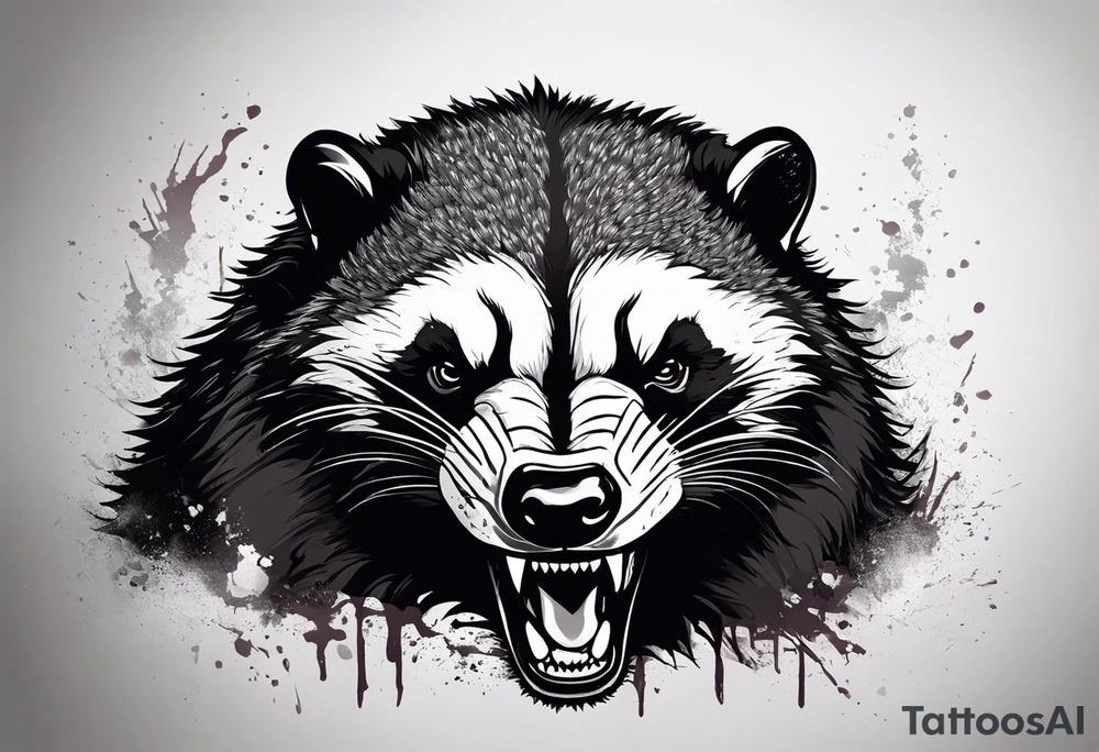 Draw me psychopath Fearless Honey Badger/Berserker with aggressive full body, killer face with a scary smile, very long nails and he attacks like a Bloody Assassin/Warrior/Gladiator to us and also, he has very deadly looking. He fights with his nails only. Everybody scares after their first sight. Give me horror type Badger Tattoo. I want to see his Realistic full body with no weapons. You can show destruction at the back. tattoo idea