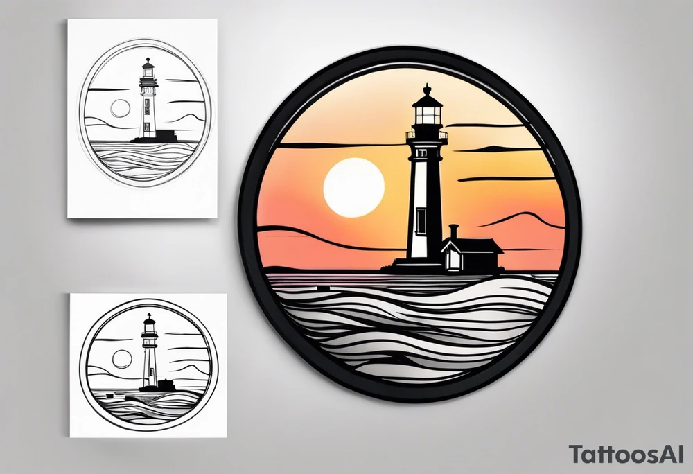 lighthouse a bit realist, sunset, circle framed tattoo idea