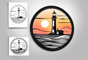 lighthouse a bit realist, sunset, circle framed tattoo idea