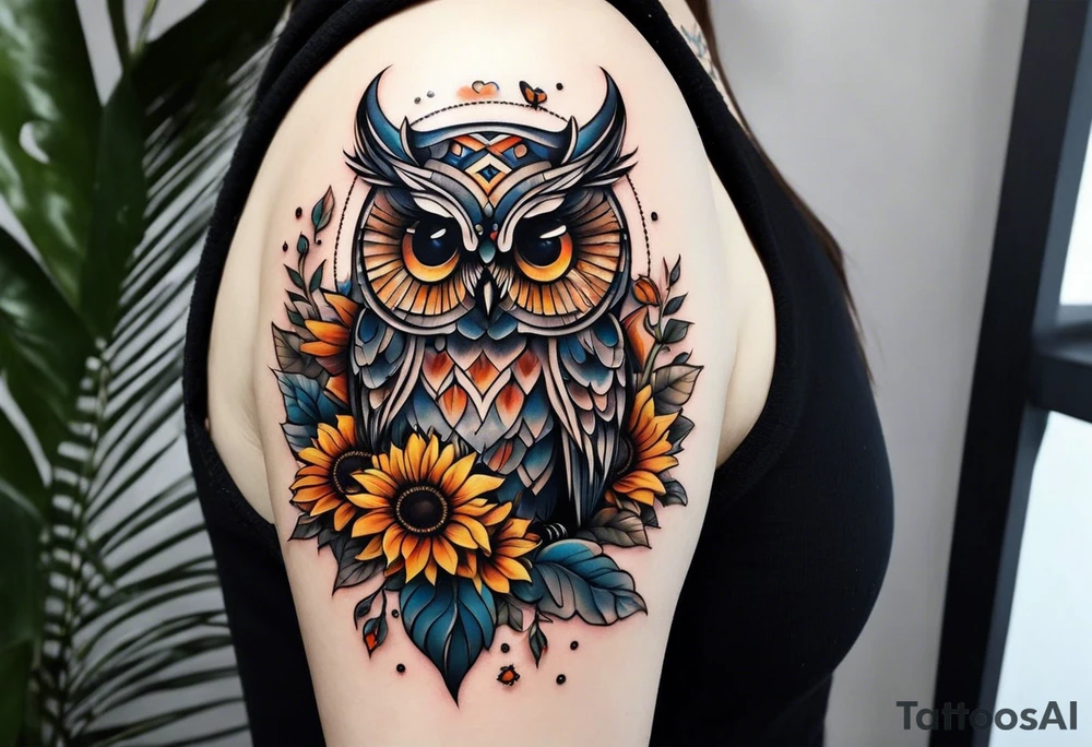 Small owl with sunflowers and butterflies arm sleeve tattoo idea