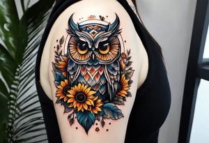 Small owl with sunflowers and butterflies arm sleeve tattoo idea