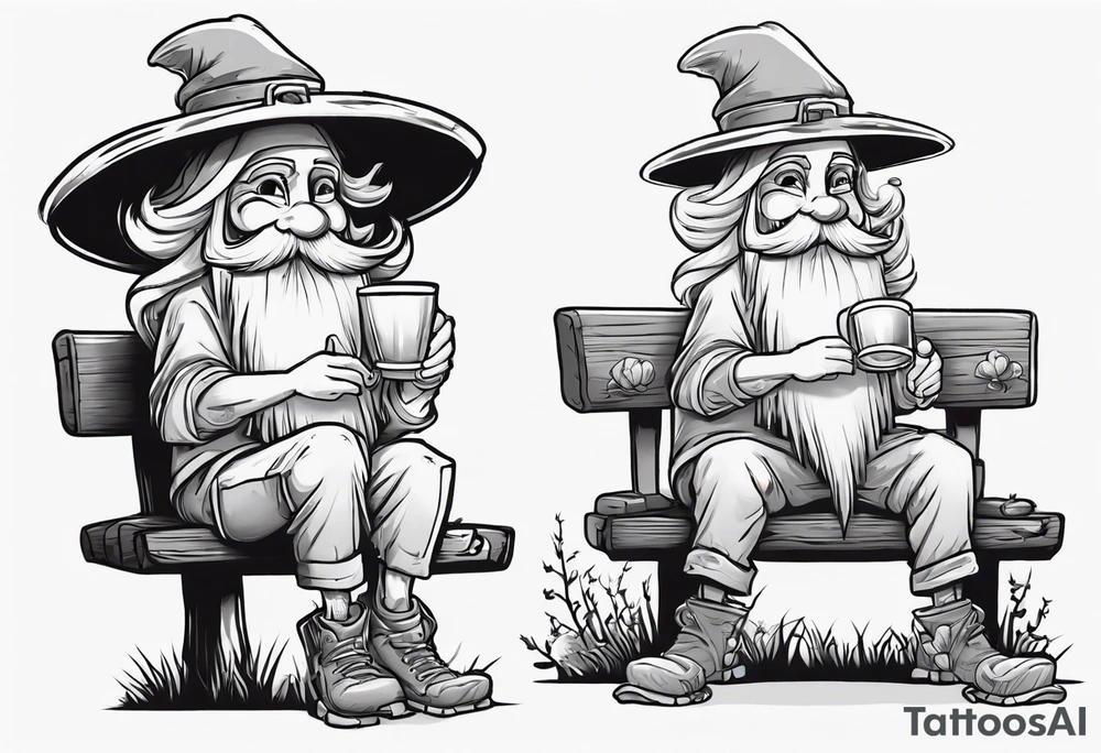a mushroom with a long grey beard wearing a tunic and a floppy hat sitting on a bench by a fireplace drinking from a wood cup, smiling tattoo idea