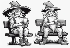 a mushroom with a long grey beard wearing a tunic and a floppy hat sitting on a bench by a fireplace drinking from a wood cup, smiling tattoo idea