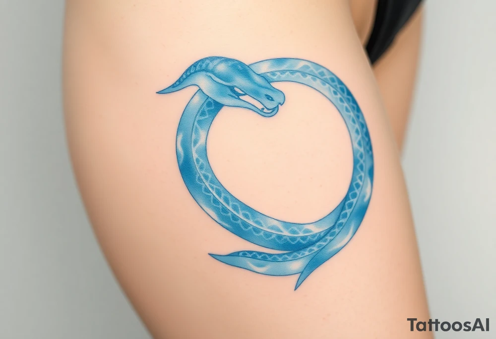 A translucent water-like Ouroboros snake forming cyrcle, with soft blue and white hues, creating an ethereal, flowing effect. tattoo idea