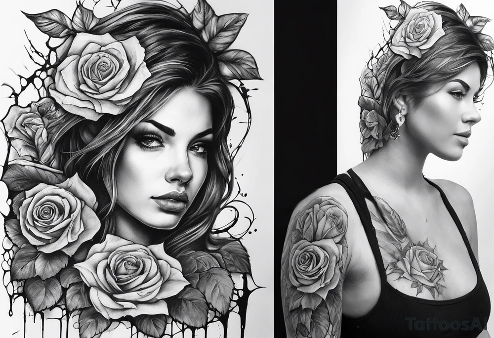fool sleeve,, abandoned old gotic house, broken sword, roses, tattoo idea